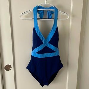 Boden Kefalonia One Piece Halter Top Swimsuit Size US 8R. Navy and Light Blue.